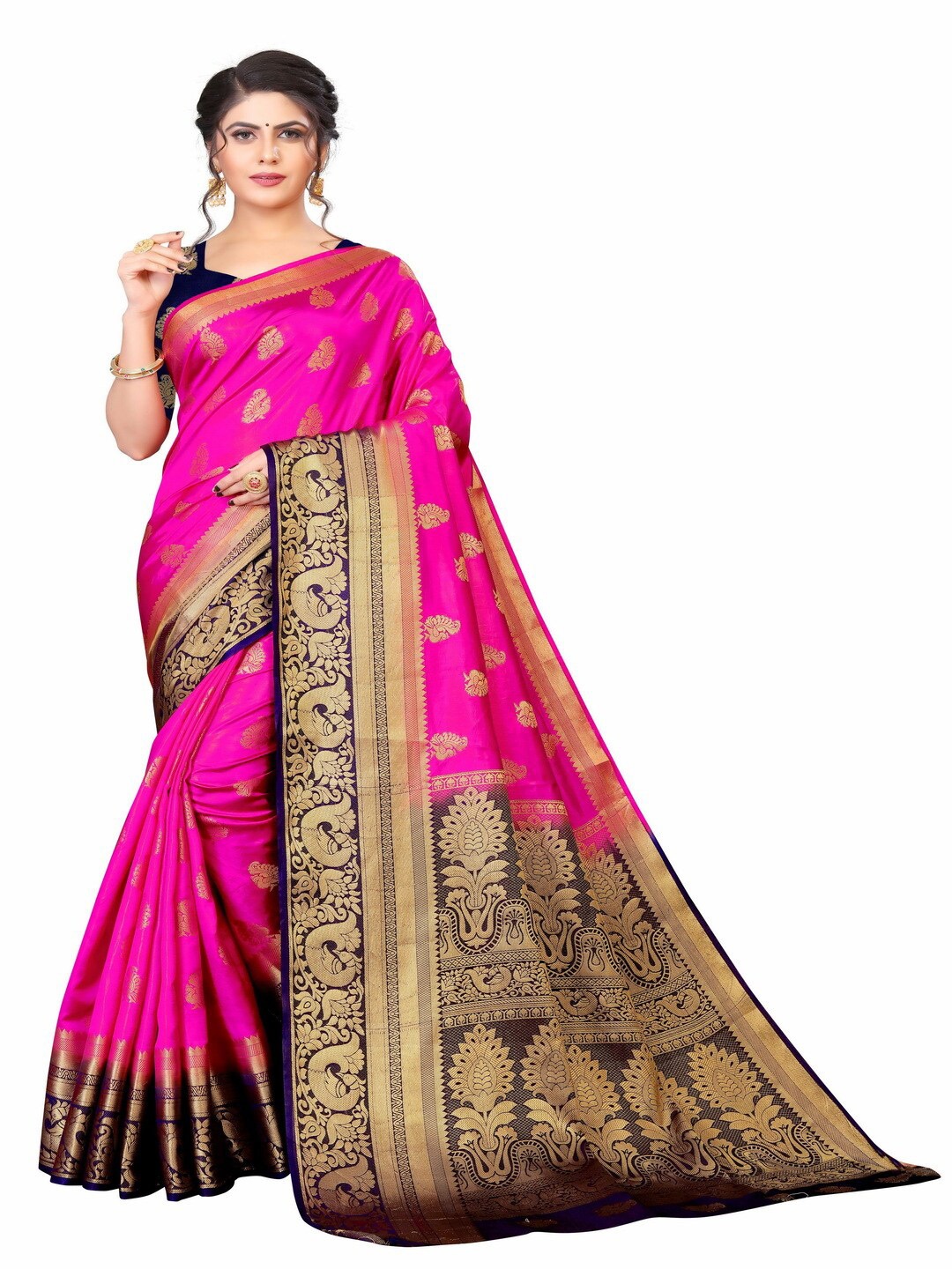 

MOKSHA DESIGNS Pink & Navy Blue Woven Design Zari Pure Silk Banarasi Saree
