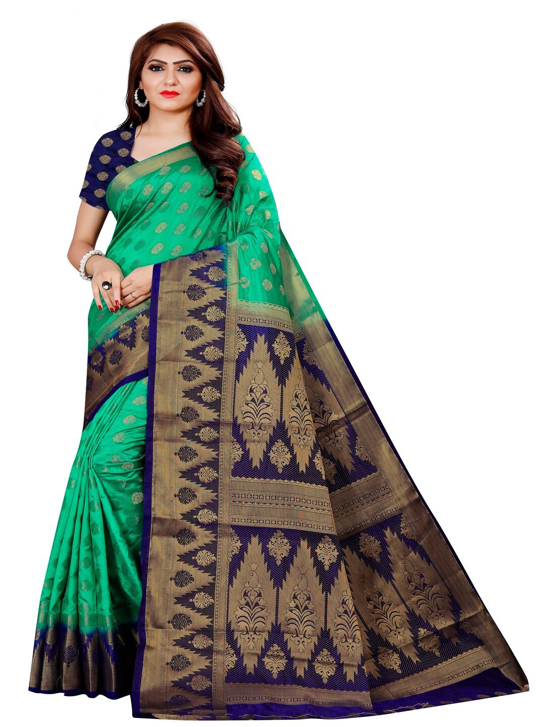 

MOKSHA DESIGNS Green & Navy Blue Woven Design Zari Pure Silk Banarasi Saree