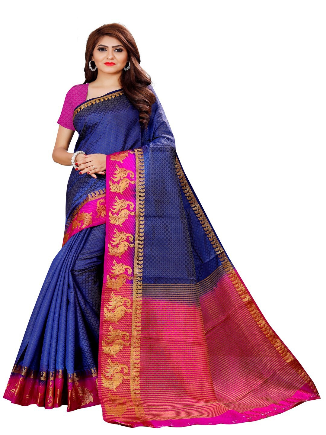 

MOKSHA DESIGNS Pink & Blue Woven Design Zari Pure Silk Banarasi Saree