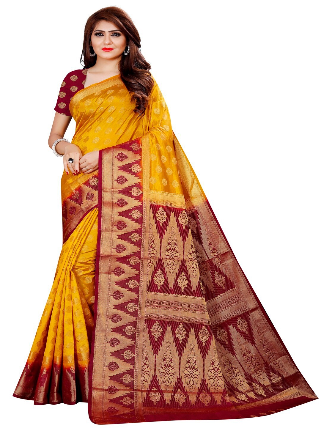 

MOKSHA DESIGNS Gold-Toned & Maroon Woven Design Zari Pure Silk Banarasi Saree