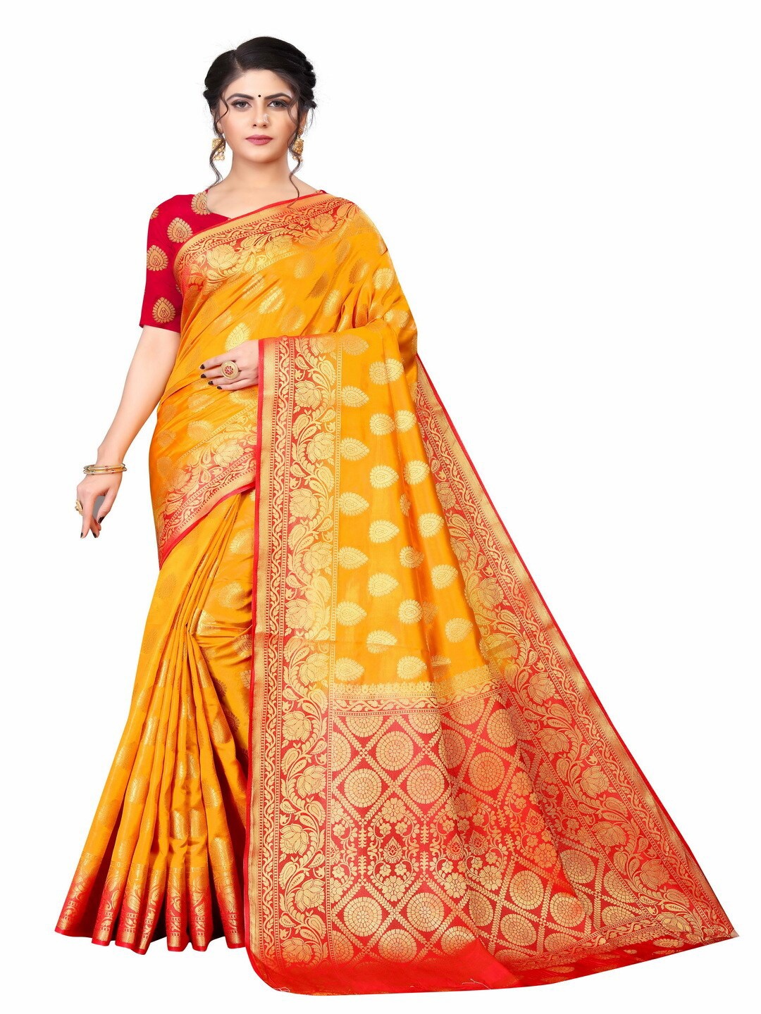 

MOKSHA DESIGNS Gold-Toned & Red Woven Design Zari Pure Silk Banarasi Saree
