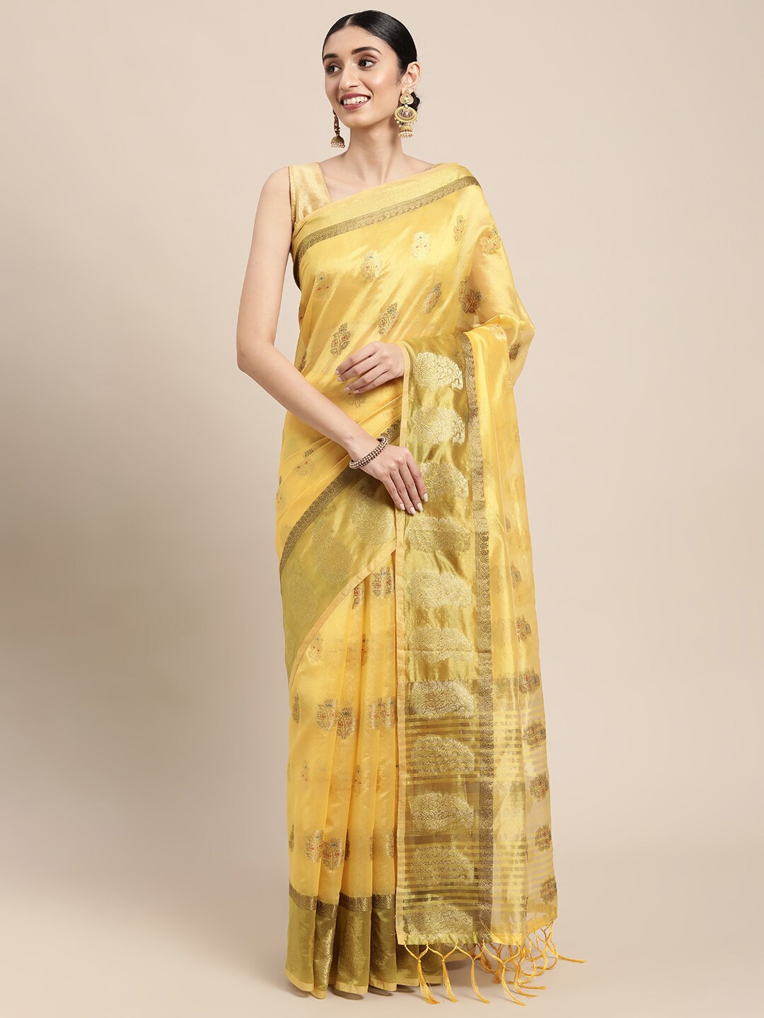 

GAJARAI Yellow & Red Woven Design Zari Organza Banarasi Saree