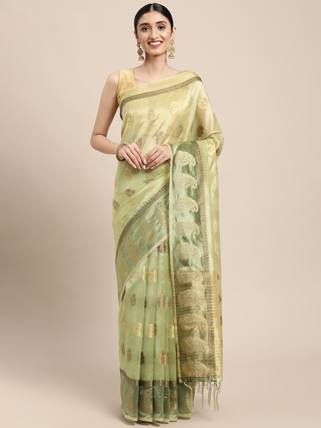 

GAJARAI Green & Gold-Toned Woven Design Zari Organza Banarasi Saree