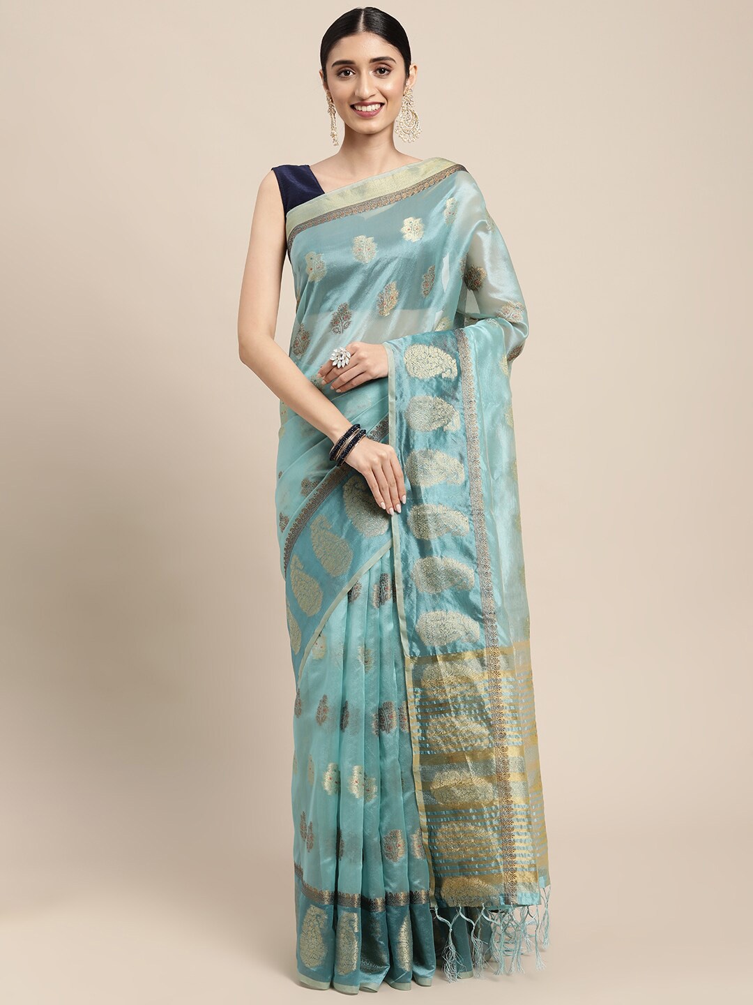 

GAJARAI Turquoise Blue & Gold-Toned Woven Design Zari Organza Banarasi Saree