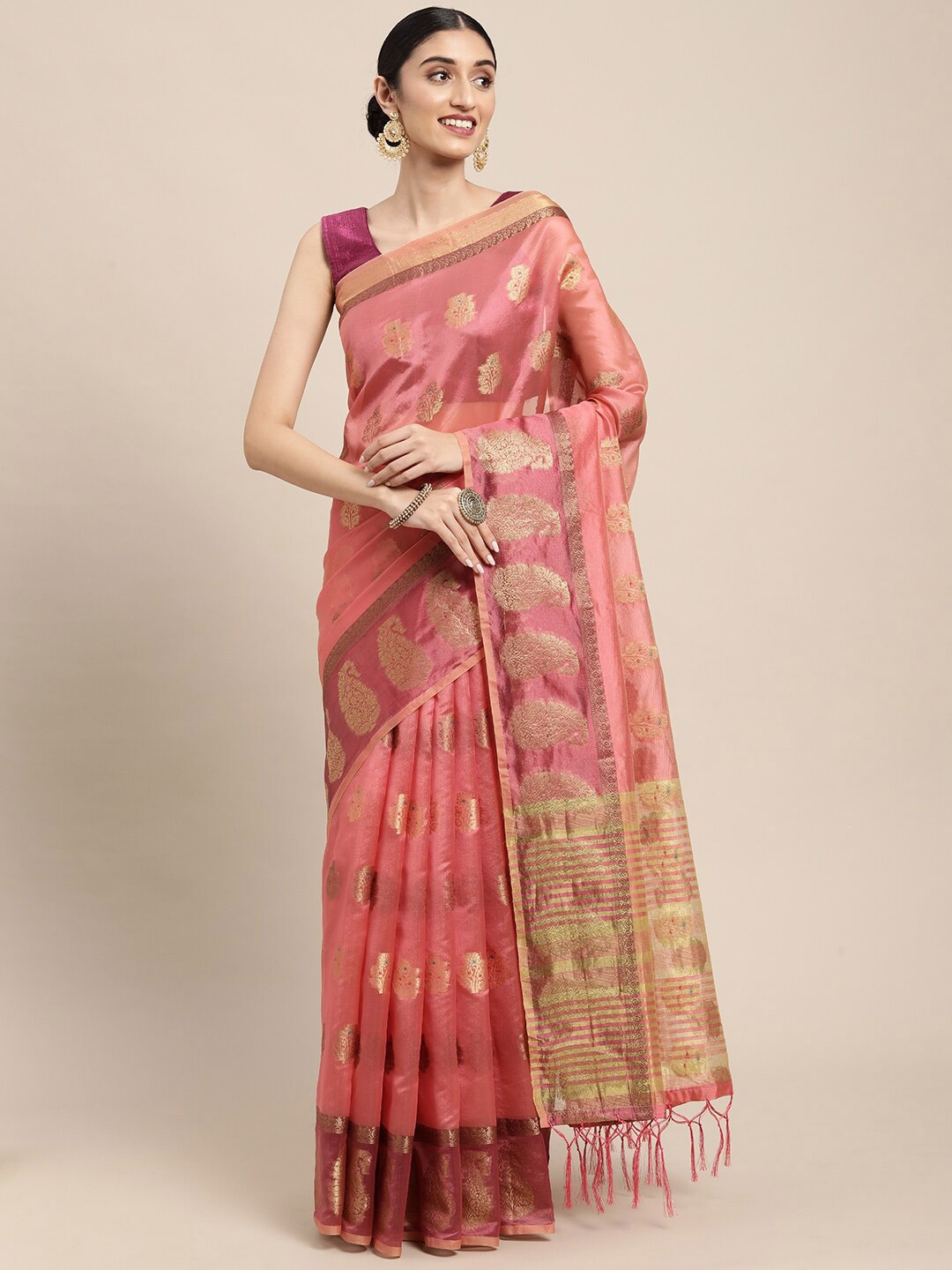 

GAJARAI Rose Floral Zari Organza Banarasi Saree