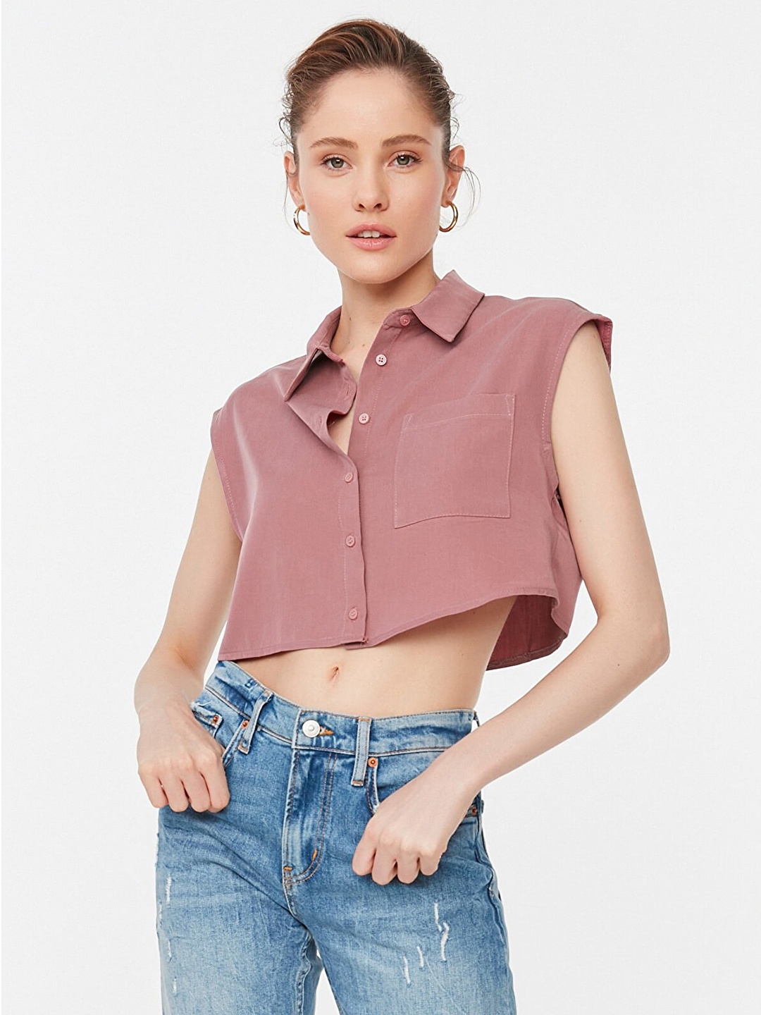 

Trendyol Women Mauve Solid Cropped Casual Shirt