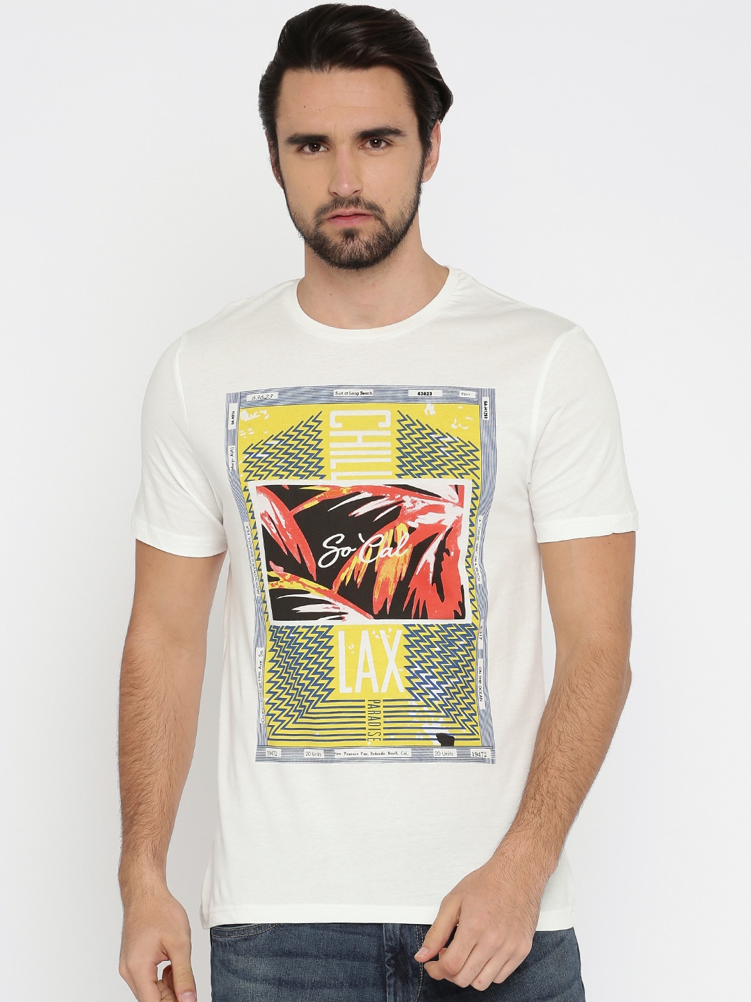 

Celio Men Off-White Printed Round Neck Pure Cotton T-shirt
