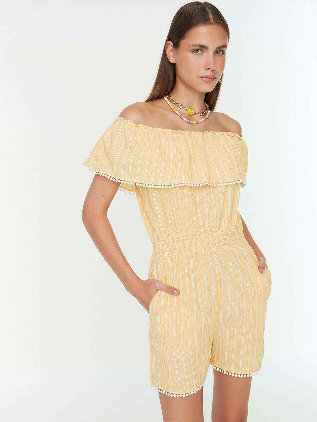 

Trendyol Women Yellow & White Striped with Ruffles Jumpsuit