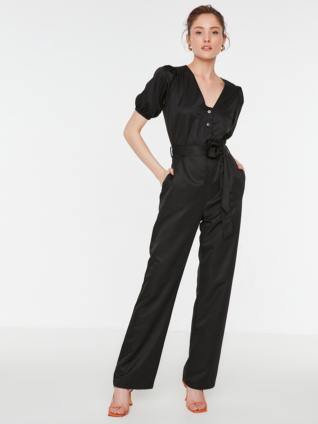 Trendyol Women Black Puff Sleeve Basic Jumpsuit with a Belt