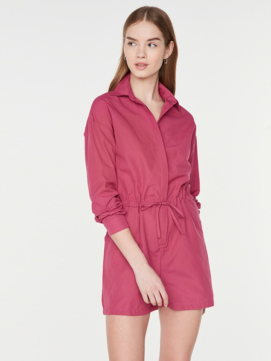 

Trendyol Women Pink Solid Belted Playsuit