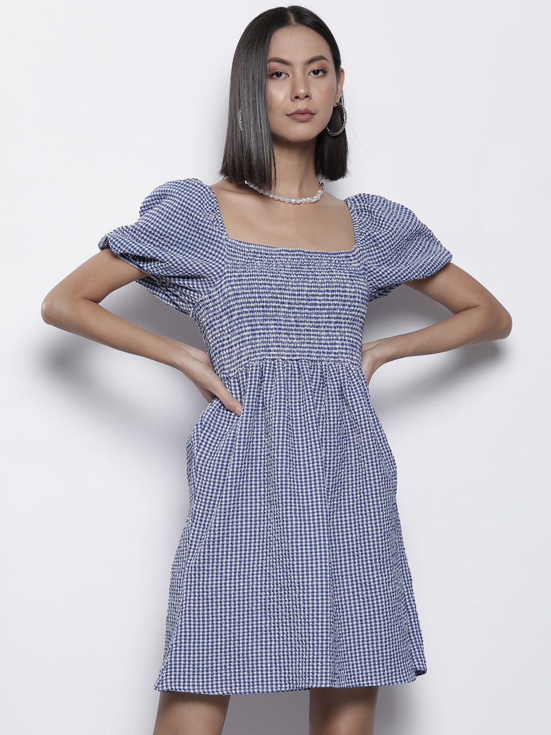 

Trendyol Blue & White Smocked Seersucker Checked A-Line Dress