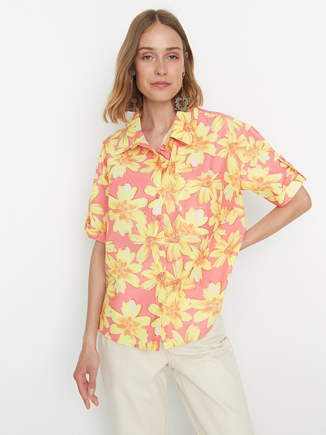 

Trendyol Women Pink & Yellow Floral Printed Casual Oversized Shirt, Rose