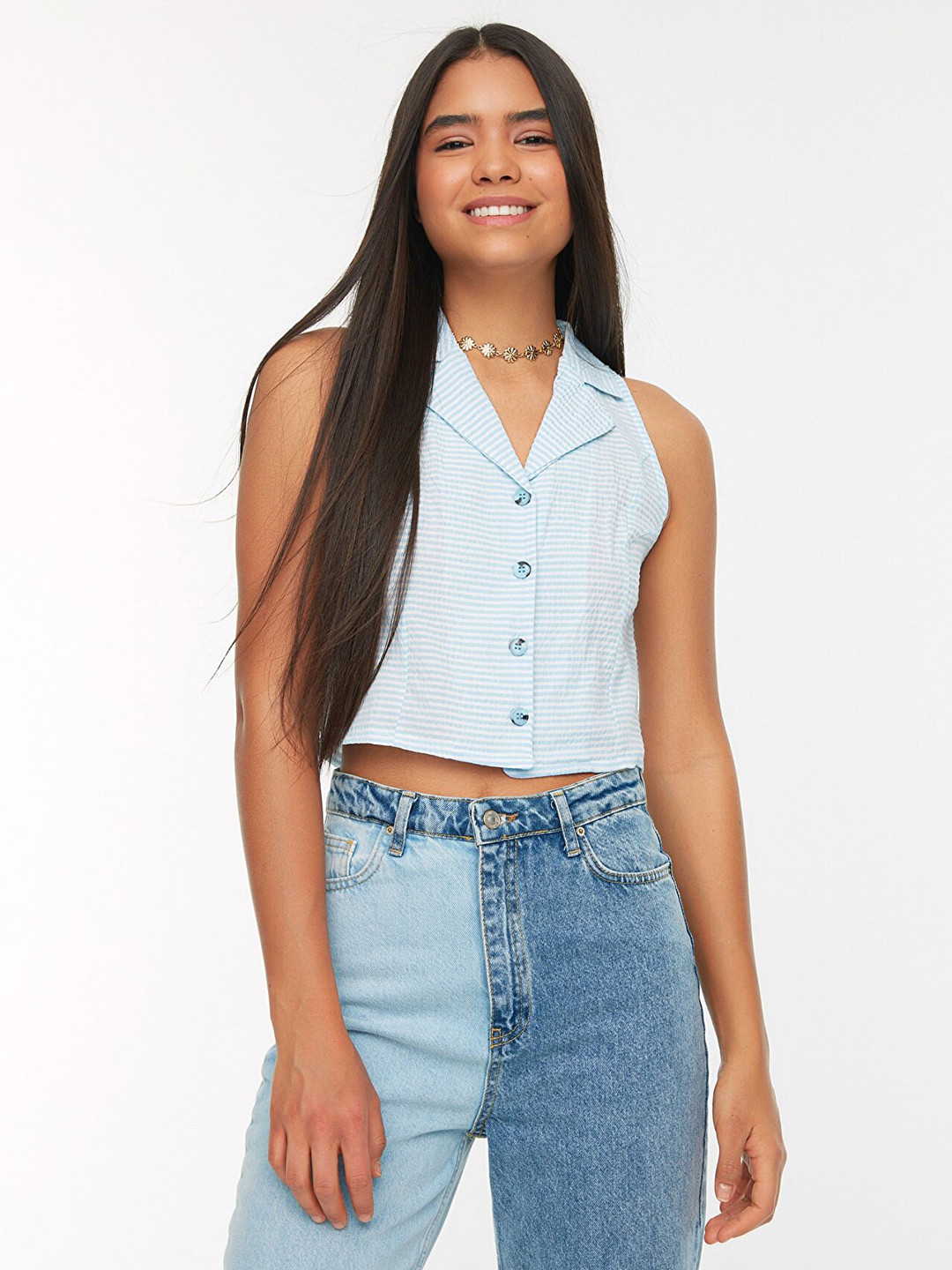 

Trendyol Women Blue & White Seersucker Striped Casual Shirt