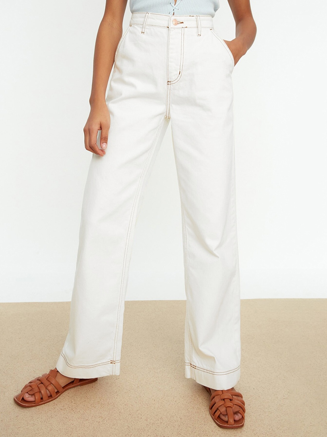 

Trendyol Women Off White Wide Leg High-Rise Stitch Detail Pure Cotton Jeans