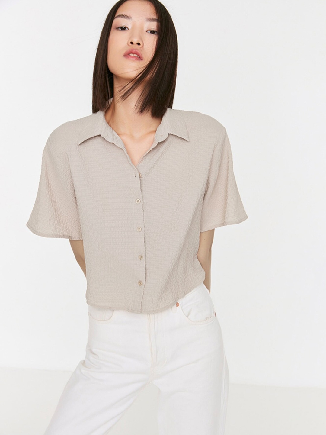 

Trendyol Women Beige Solid Textured Drop-Shoulder Sleeves Casual Shirt
