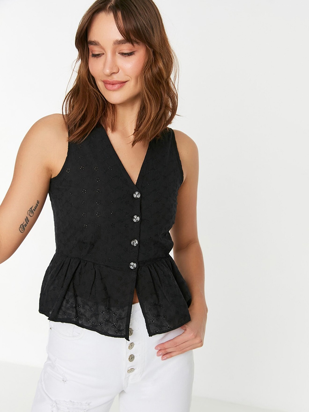 

Trendyol Black Schiffli Self Design Pure Cotton Top