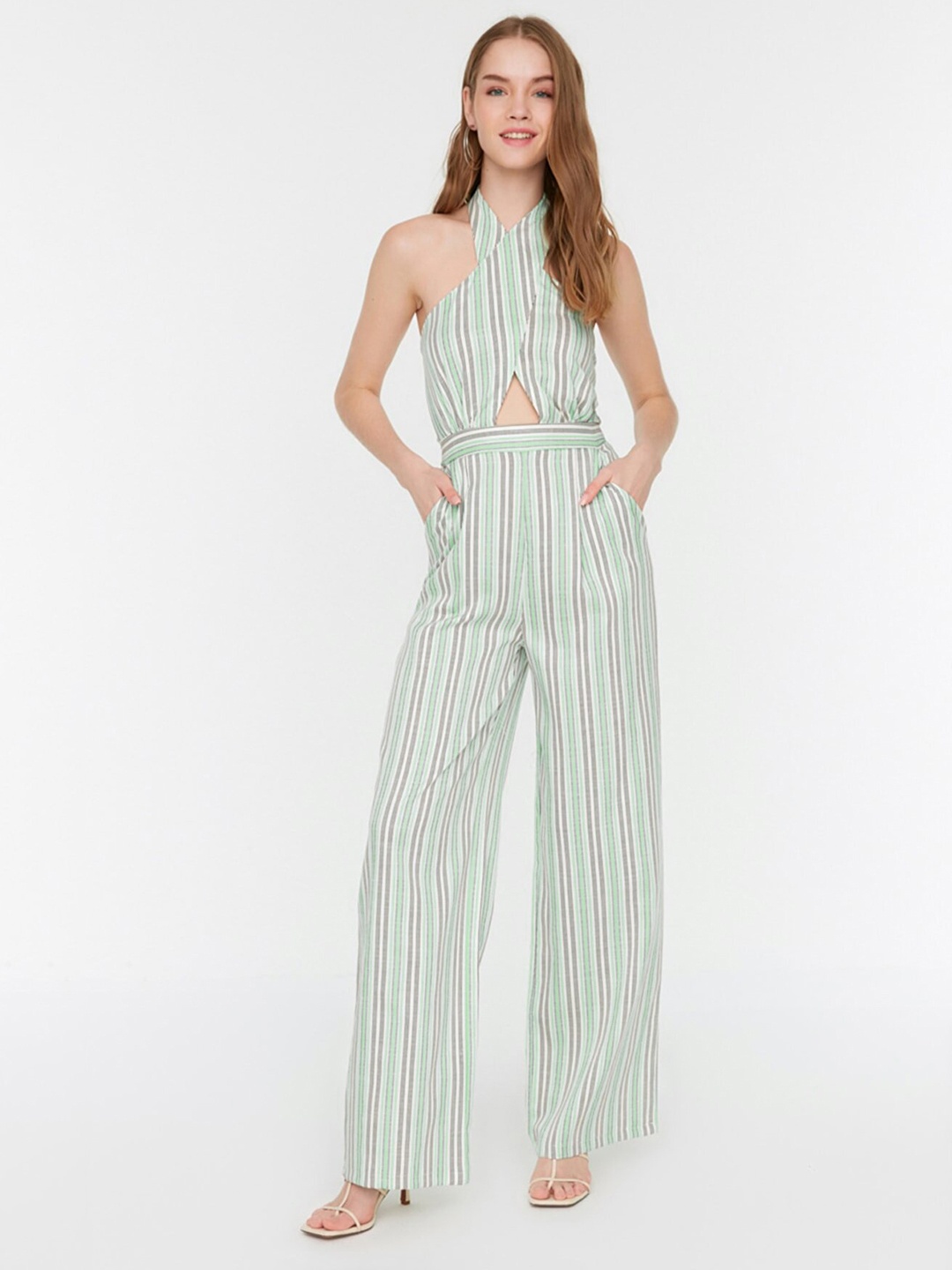 

Trendyol Women Green & White Striped Basic Jumpsuit