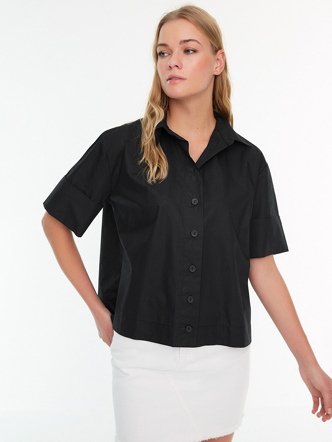 

Trendyol Women Black Solid Drop-Shoulder Sleeves Casual Shirt