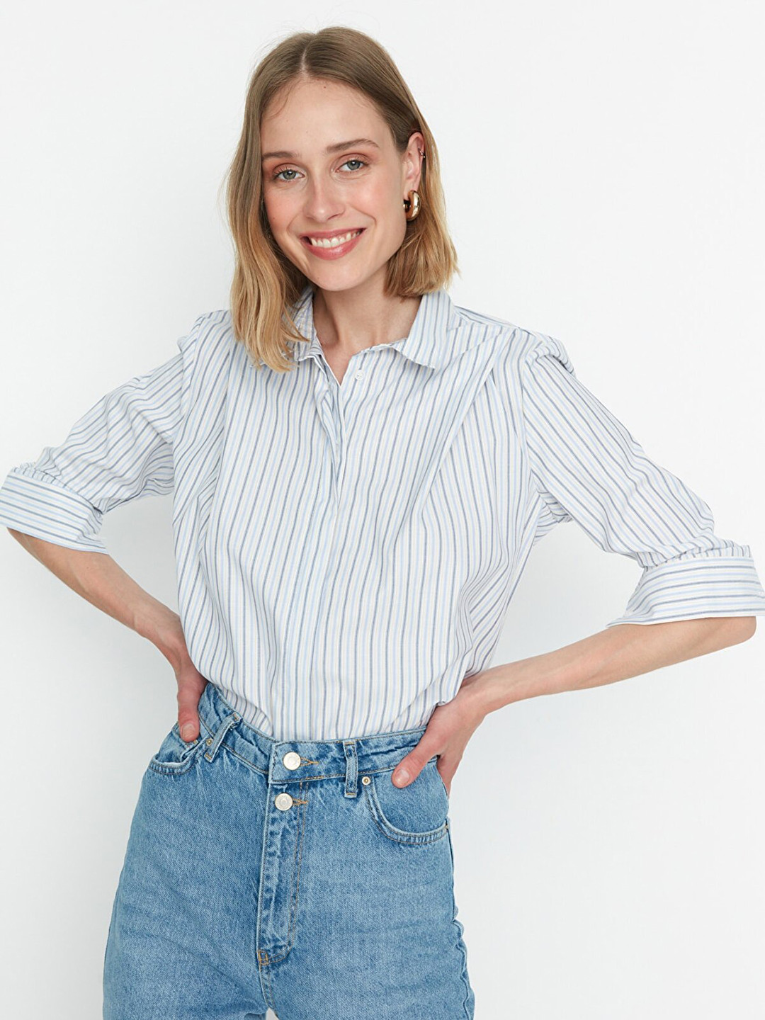 

Trendyol Women White & Blue Multi Stripes Striped Casual Shirt