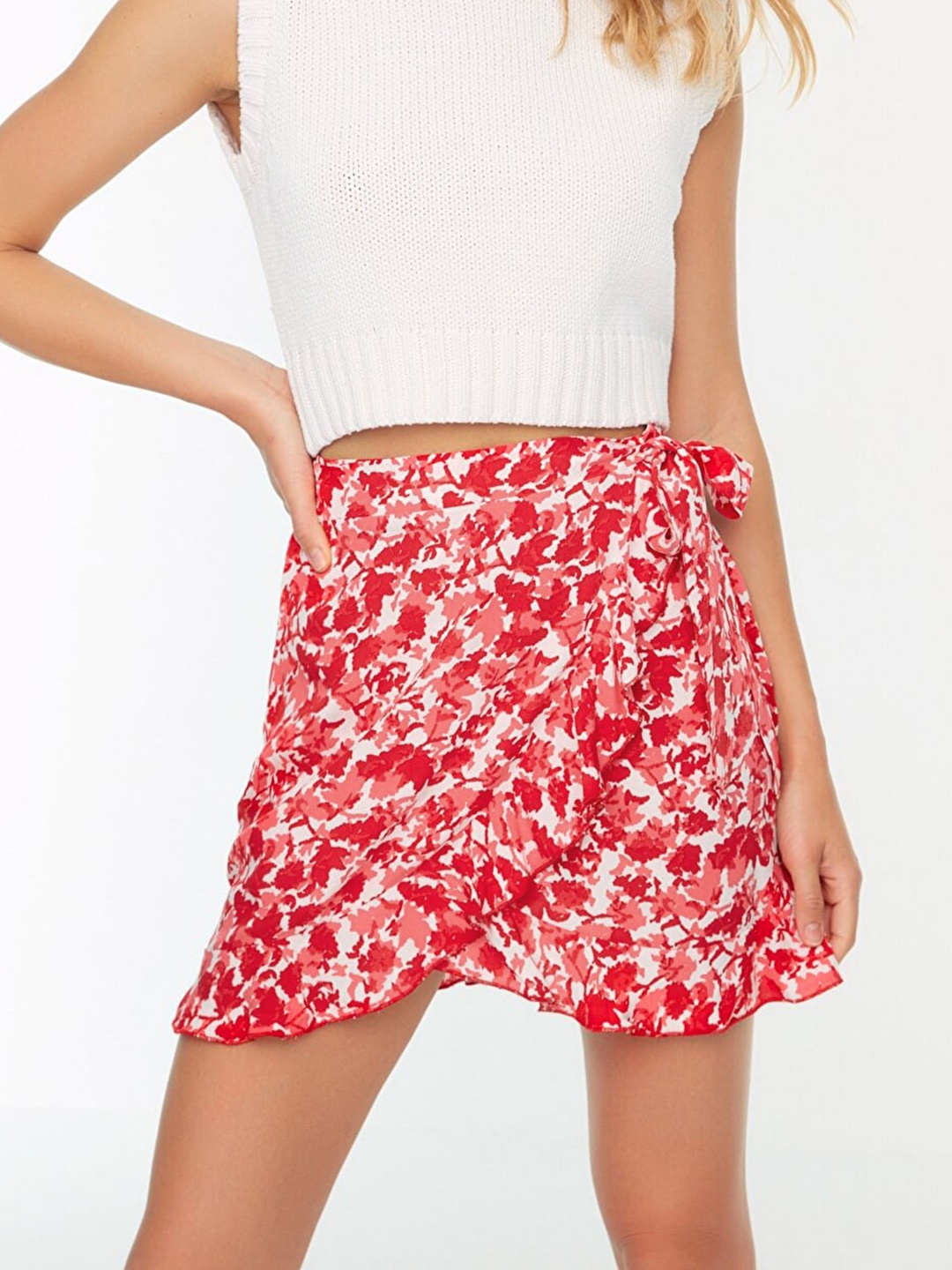 

Trendyol Women Red & White Printed Wrap Skirt