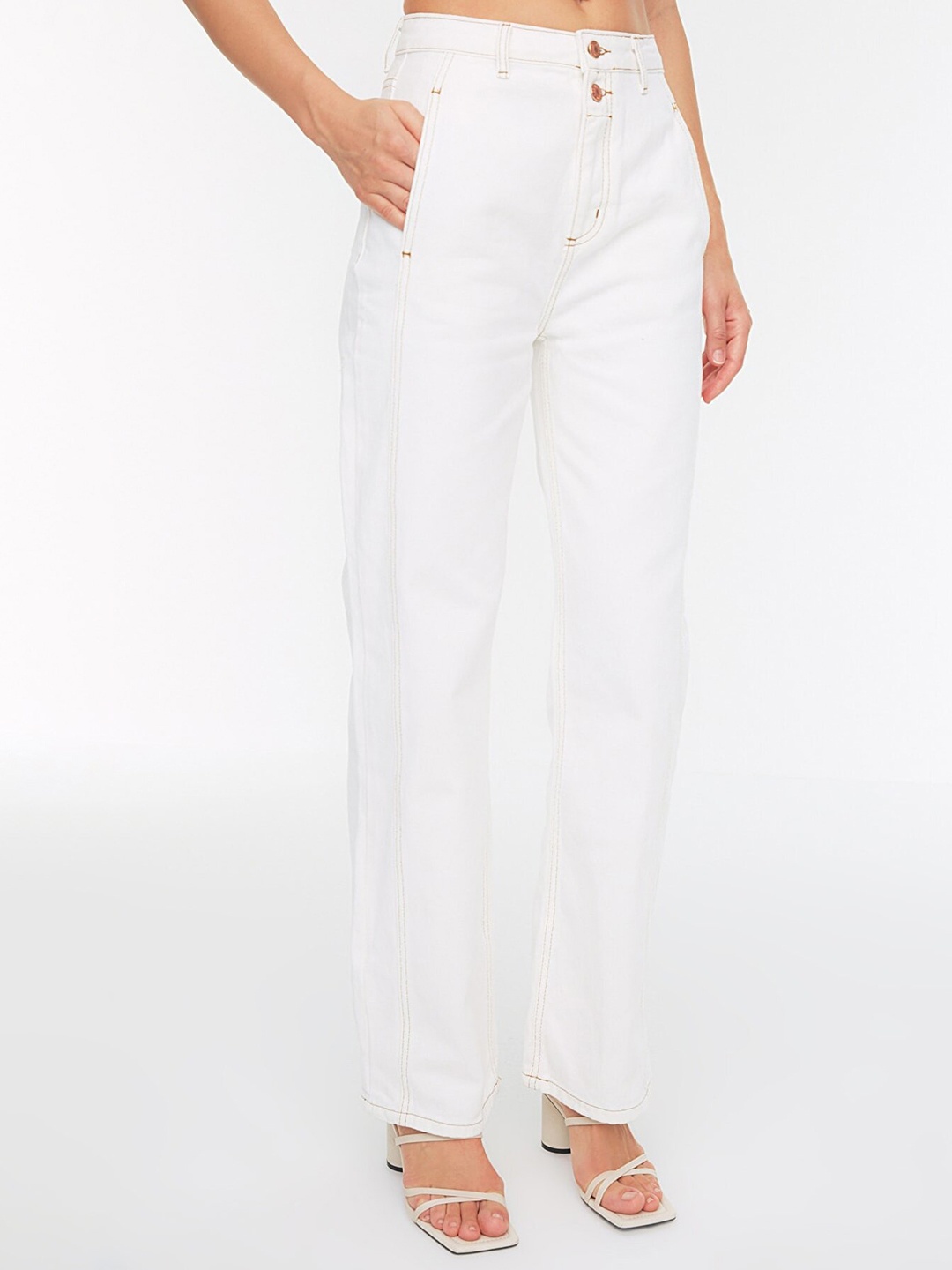 

Trendyol Women White Pure Cotton Wide Leg Jeans