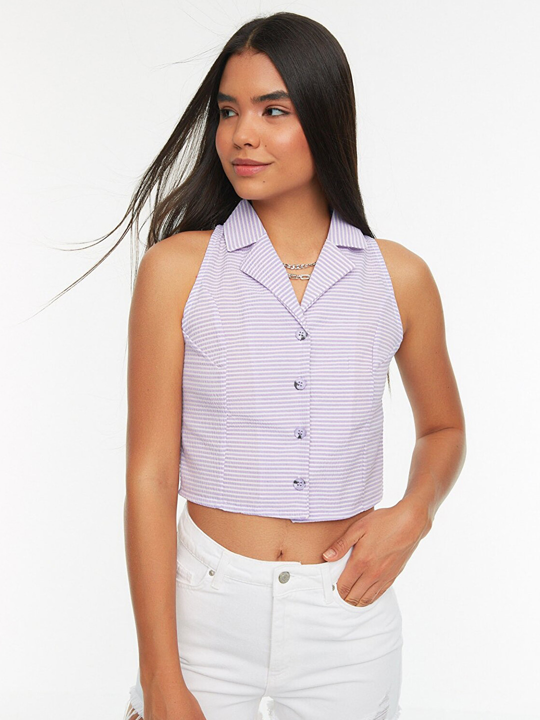 

Trendyol Women Lavender Horizontal Stripes Cuban Collar Cropped Casual Shirt
