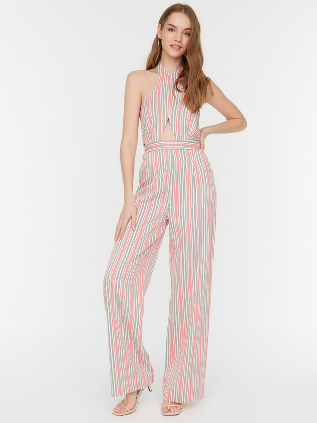 

Trendyol White & Pink Halter Neck Striped Basic Jumpsuit