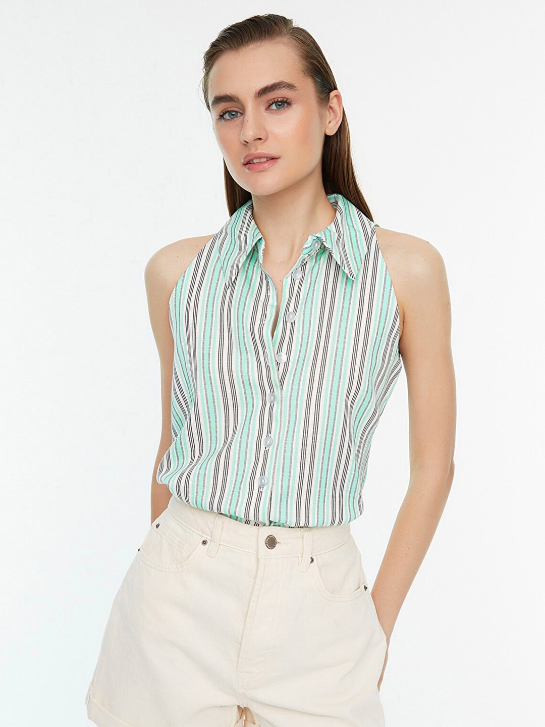 

Trendyol Women Green & White Striped Casual Shirt