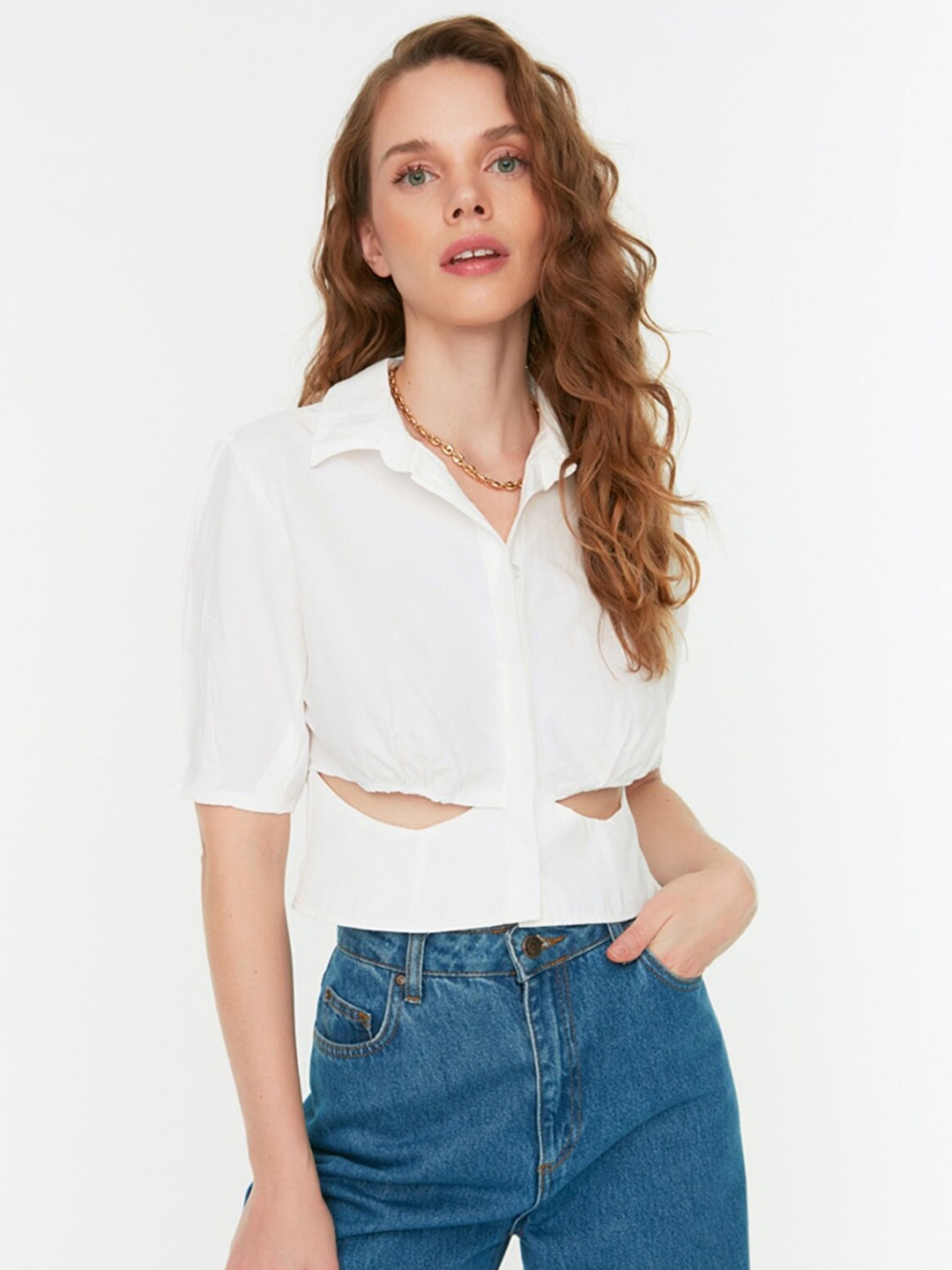 Trendyol White Shirt Style Top with Cut-out Detail