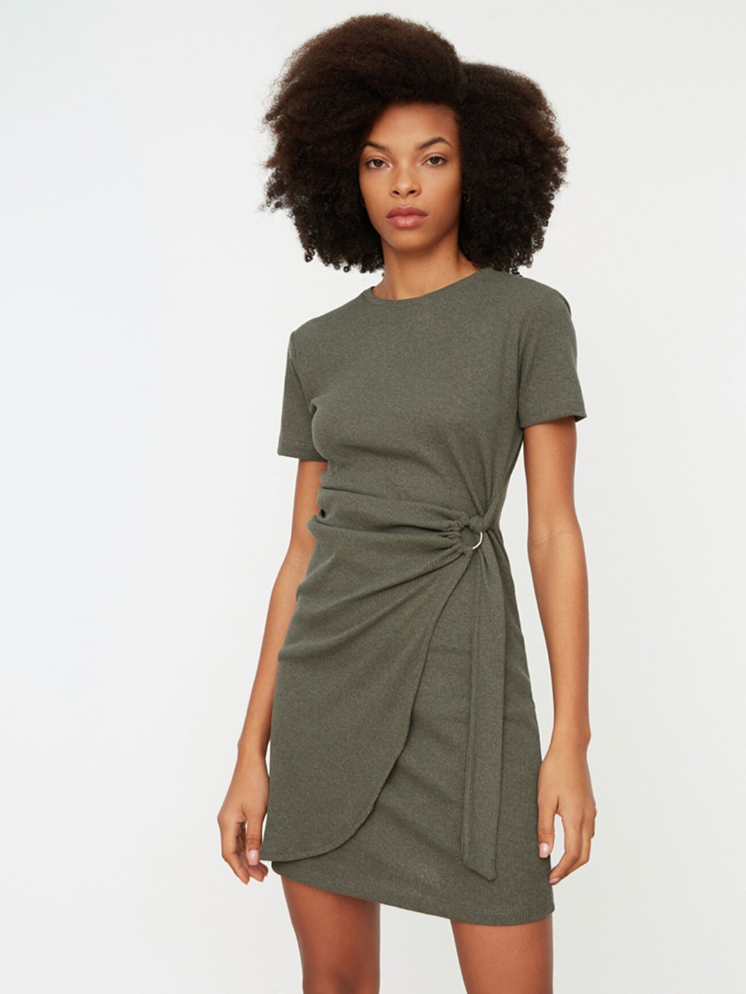 

Trendyol Women Olive Green Ribbed Wrap Dress