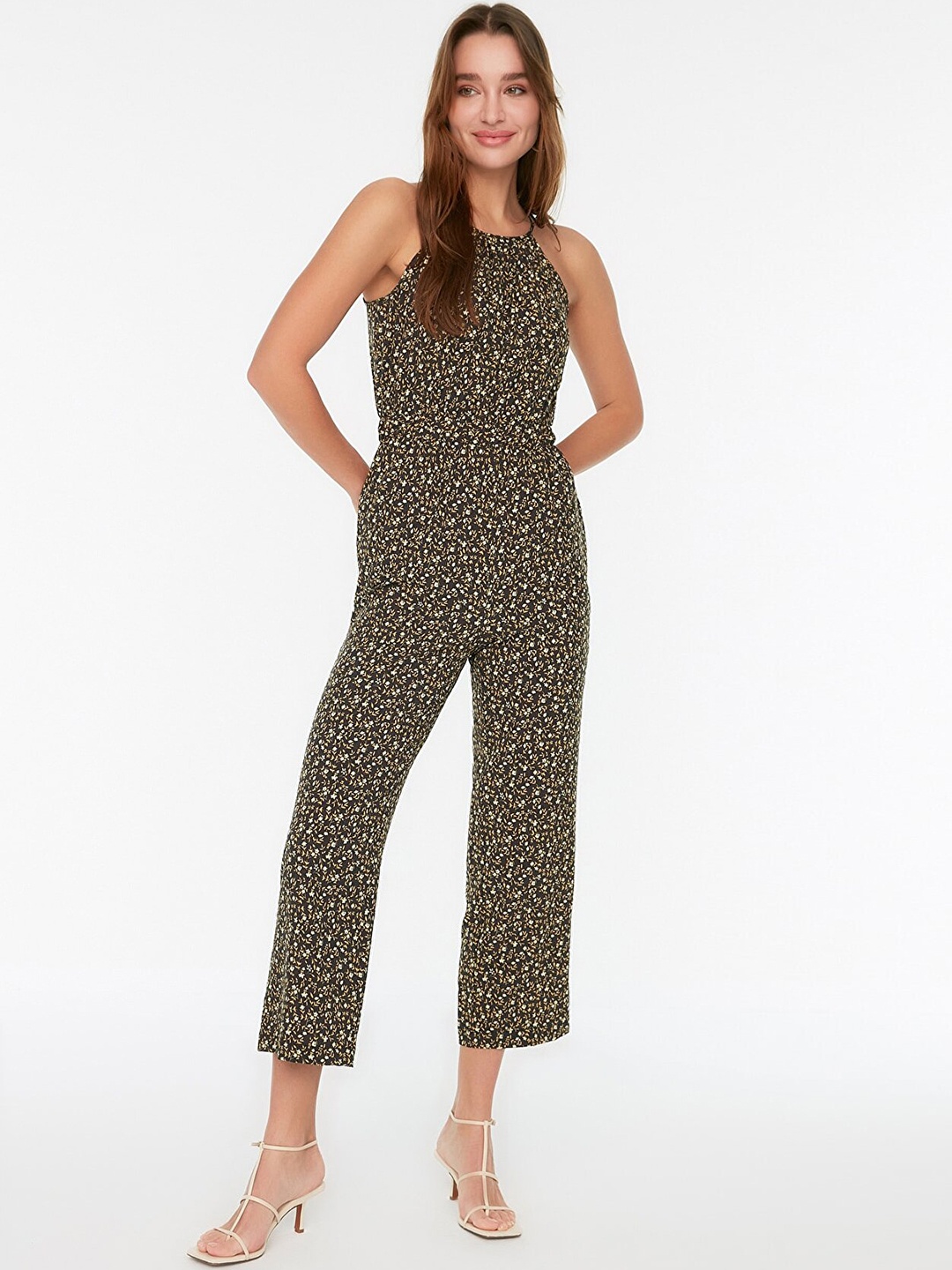 

Trendyol Women Charcoal Grey & Green Floral Printed Basic Jumpsuit