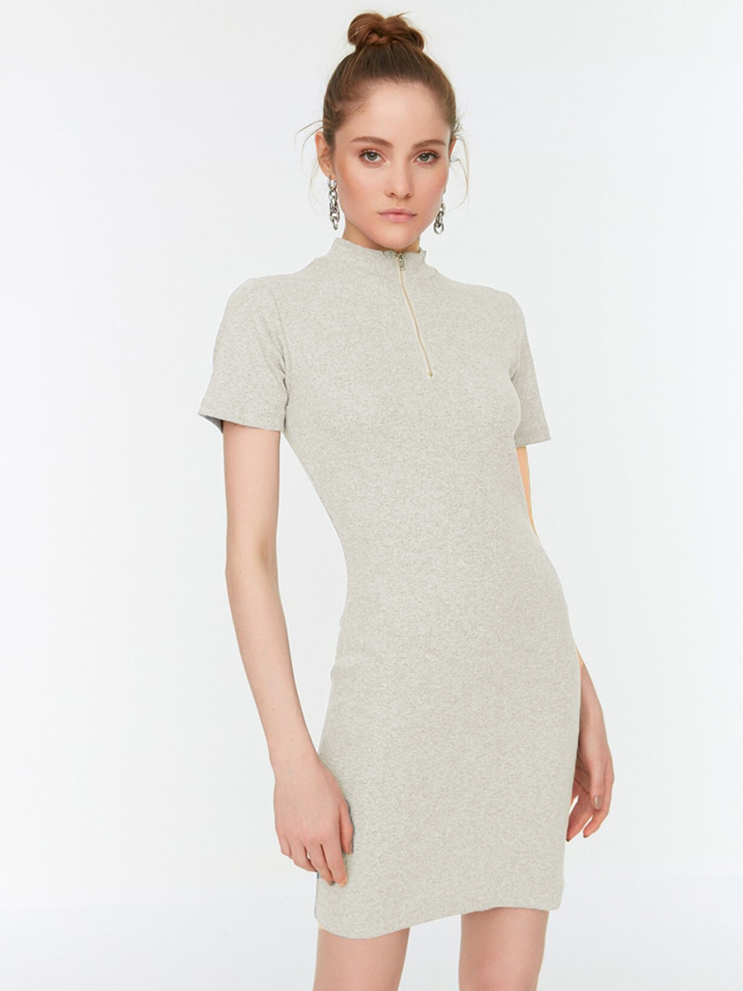 

Trendyol Grey Self-Striped Bodycon Dress