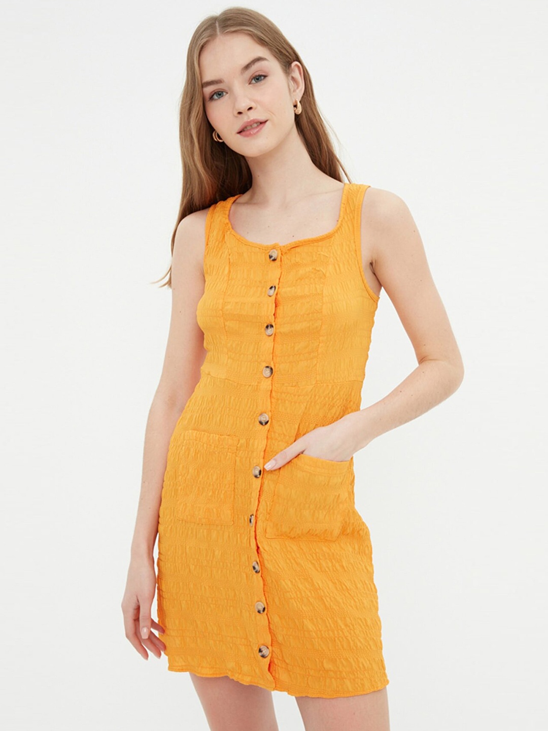 

Trendyol Mustard Yellow Solid Smocked Sheath Dress