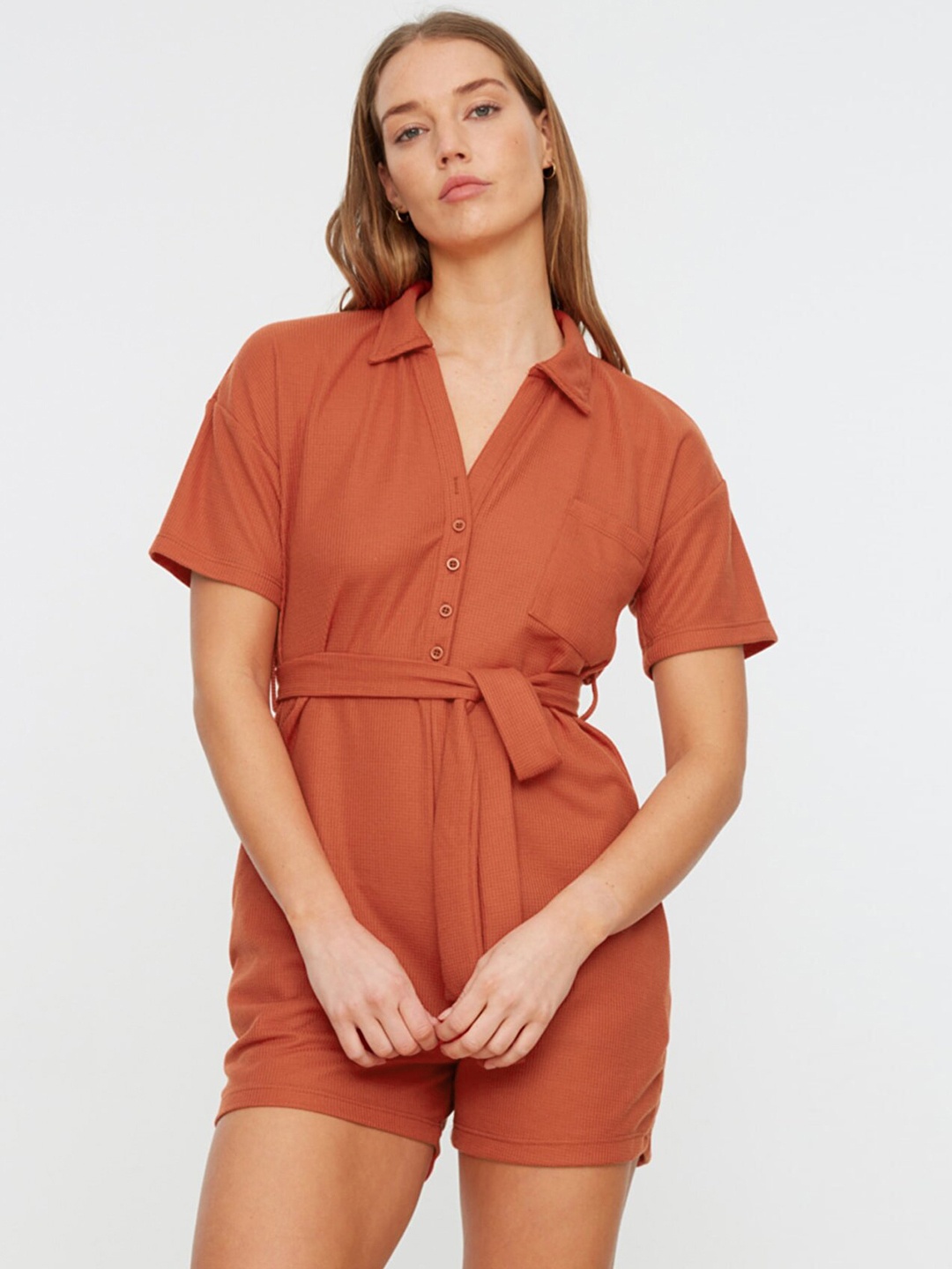 

Trendyol Rust Orange Self-Design Knitted Playsuit