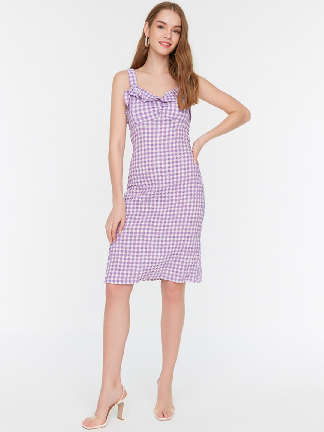 

Trendyol Women Lavender & White Checked Sheath Dress