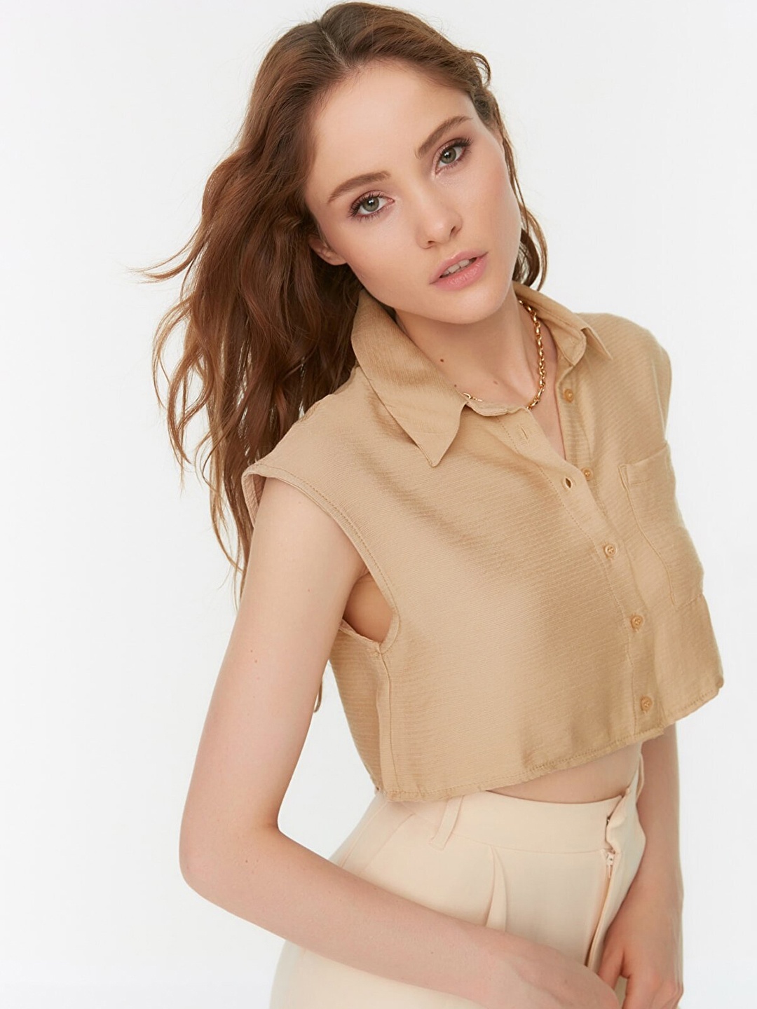 

Trendyol Women Beige Crop Casual Shirt