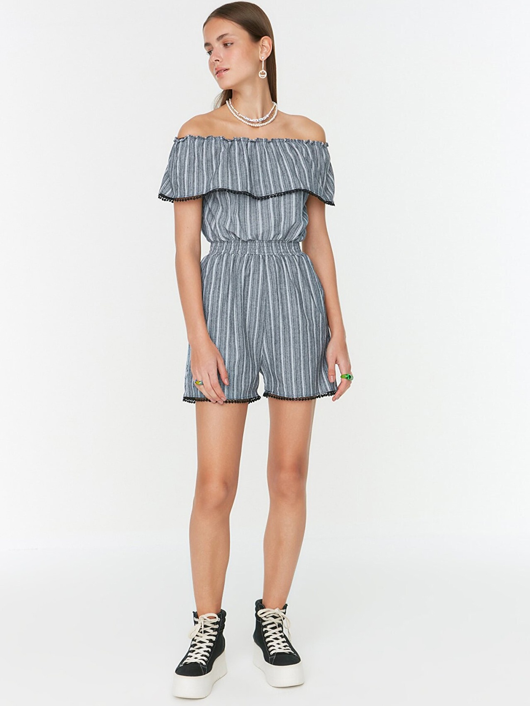 Trendyol Women Black & Off White Striped with Ruffles Jumpsuit