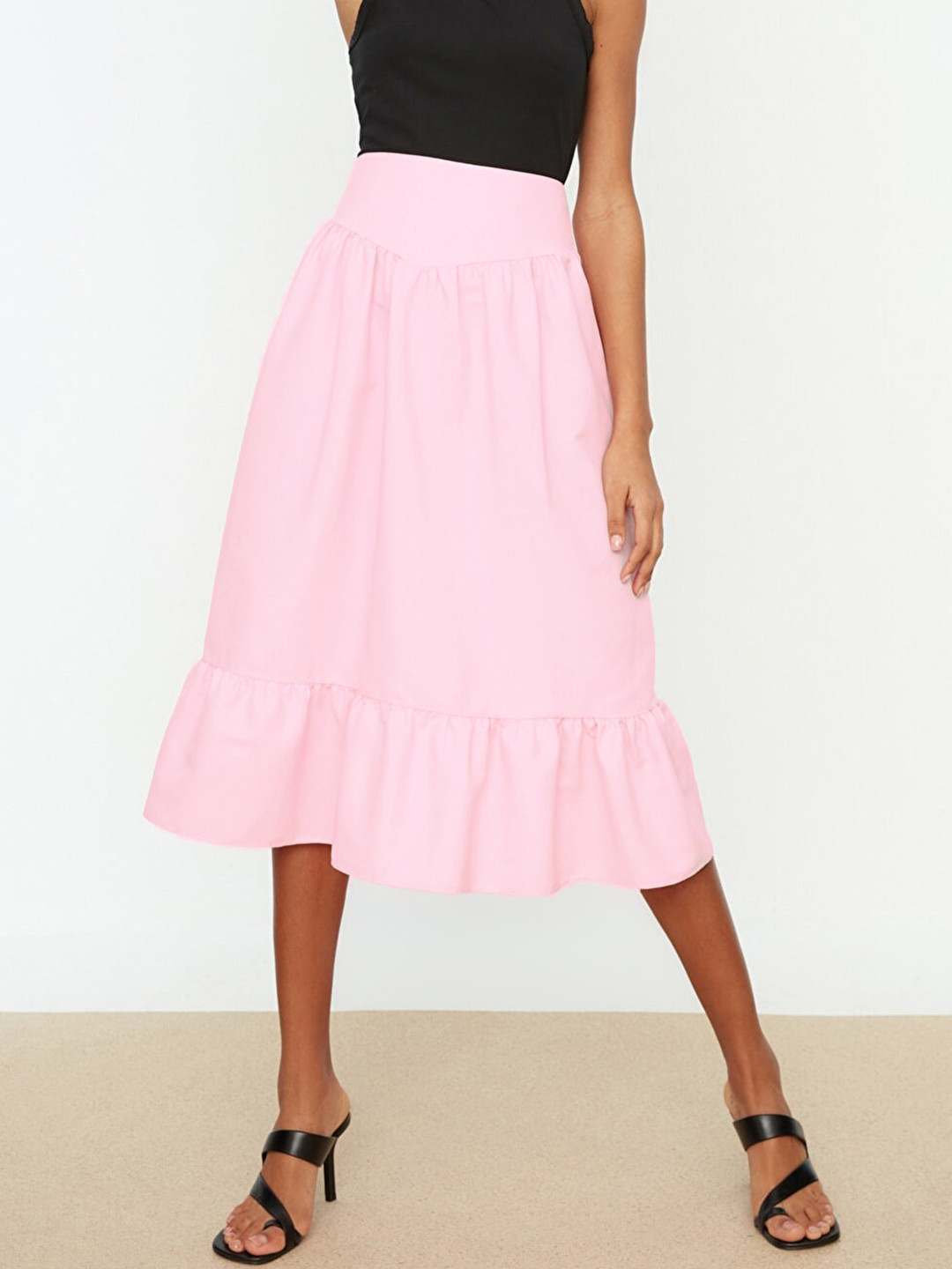 

Trendyol Women Pink Solid Flounce Hem A-Line Midi Skirt