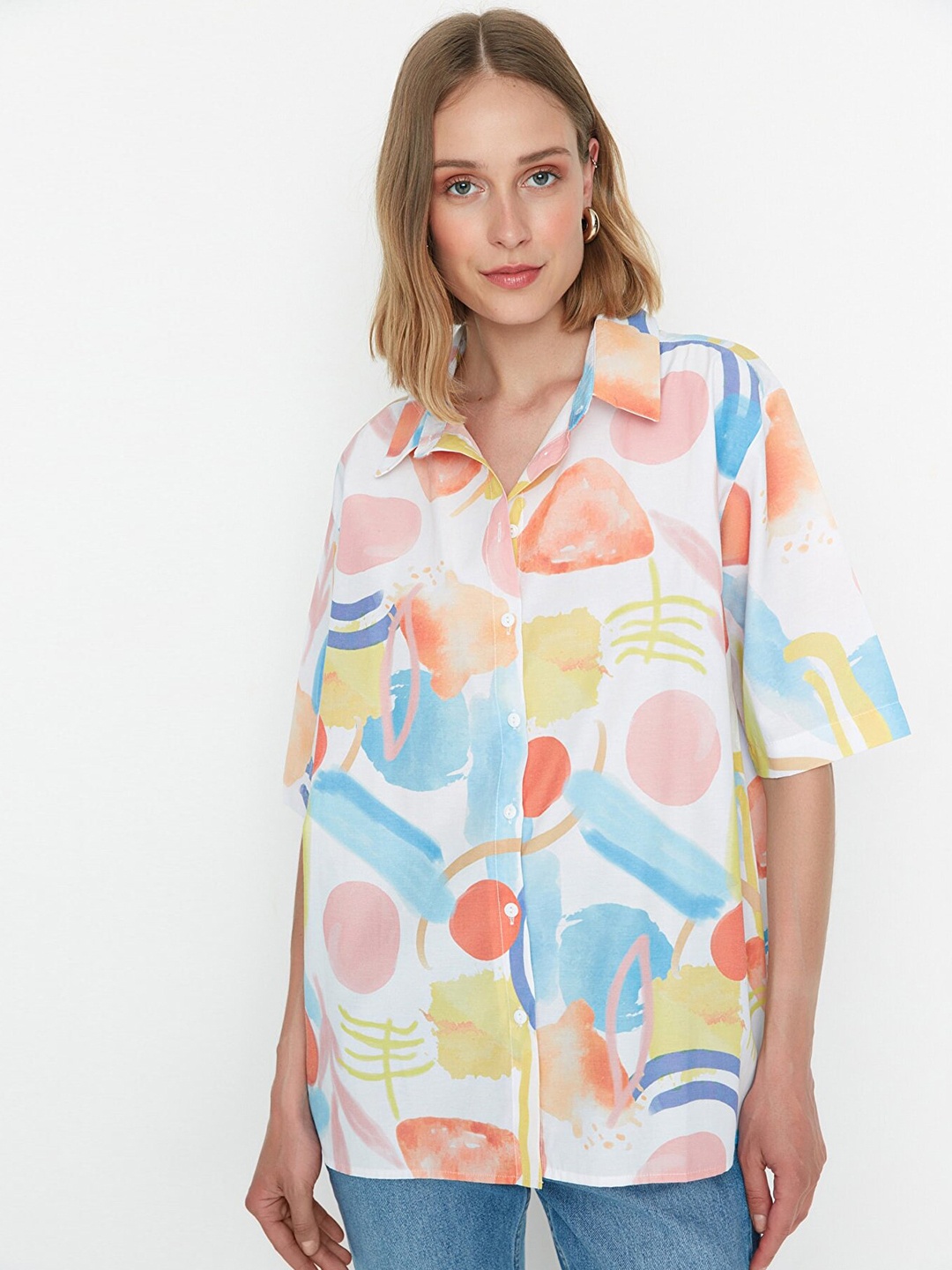 

Trendyol Women White & Orange Printed Casual Shirt