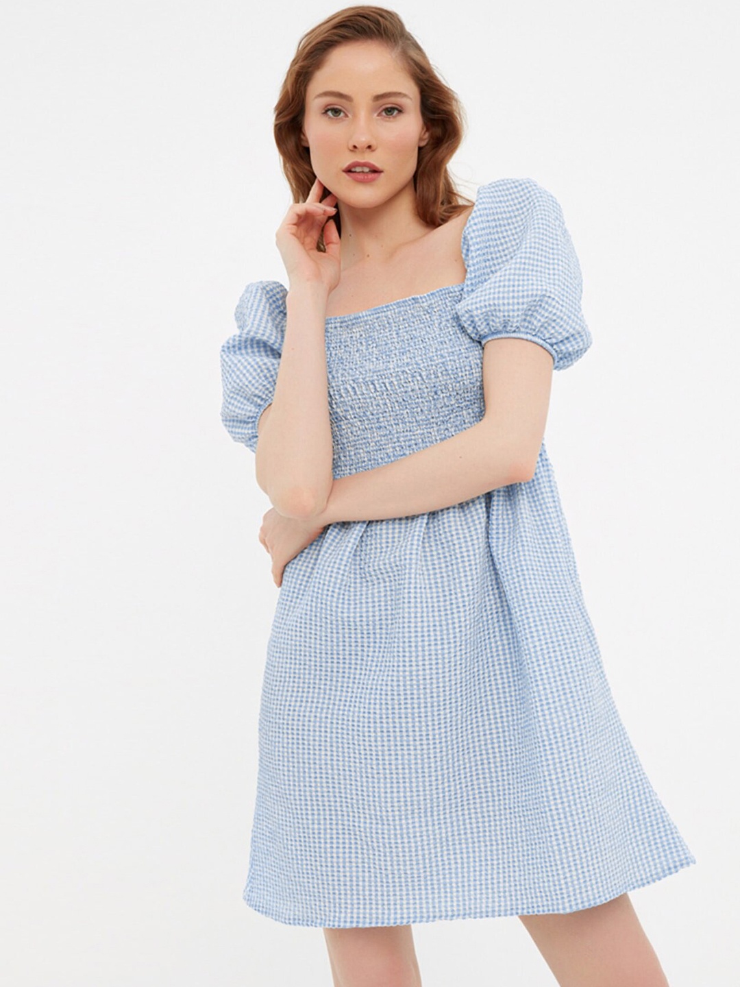 

Trendyol Women Blue Smocked Checked A-Line Dress