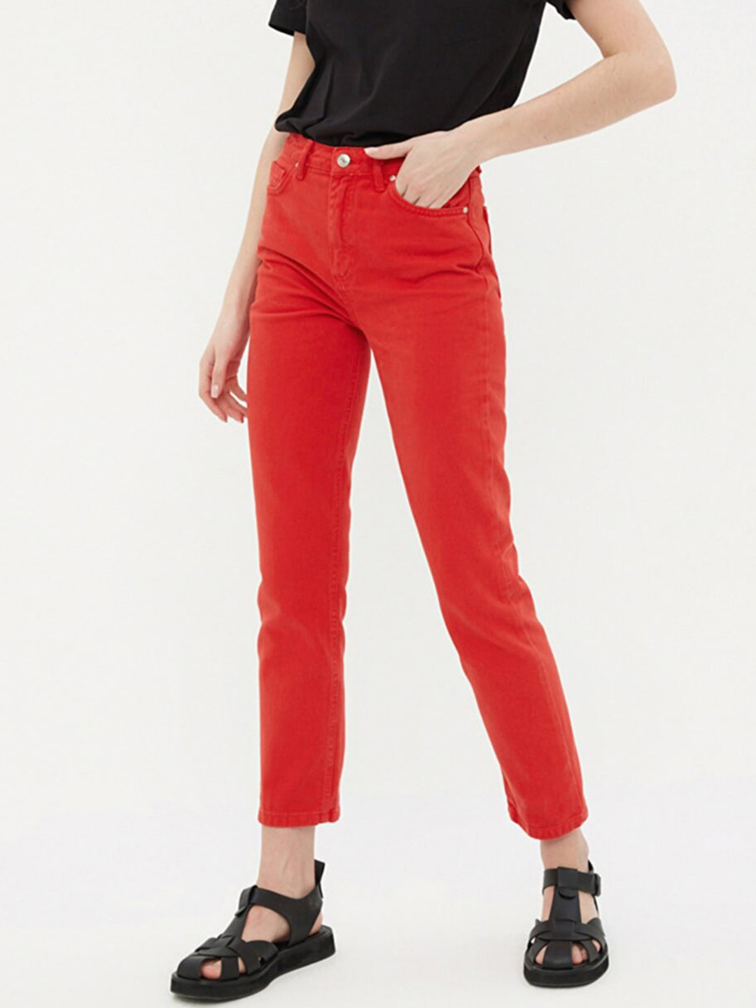 

Trendyol Women Red Bootcut High-Rise Pure Cotton Jeans