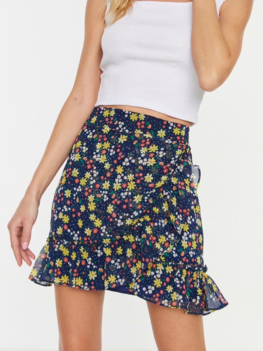 

Trendyol Women Navy Blue & Yellow Floral Printed Ruffled Mini Skirt