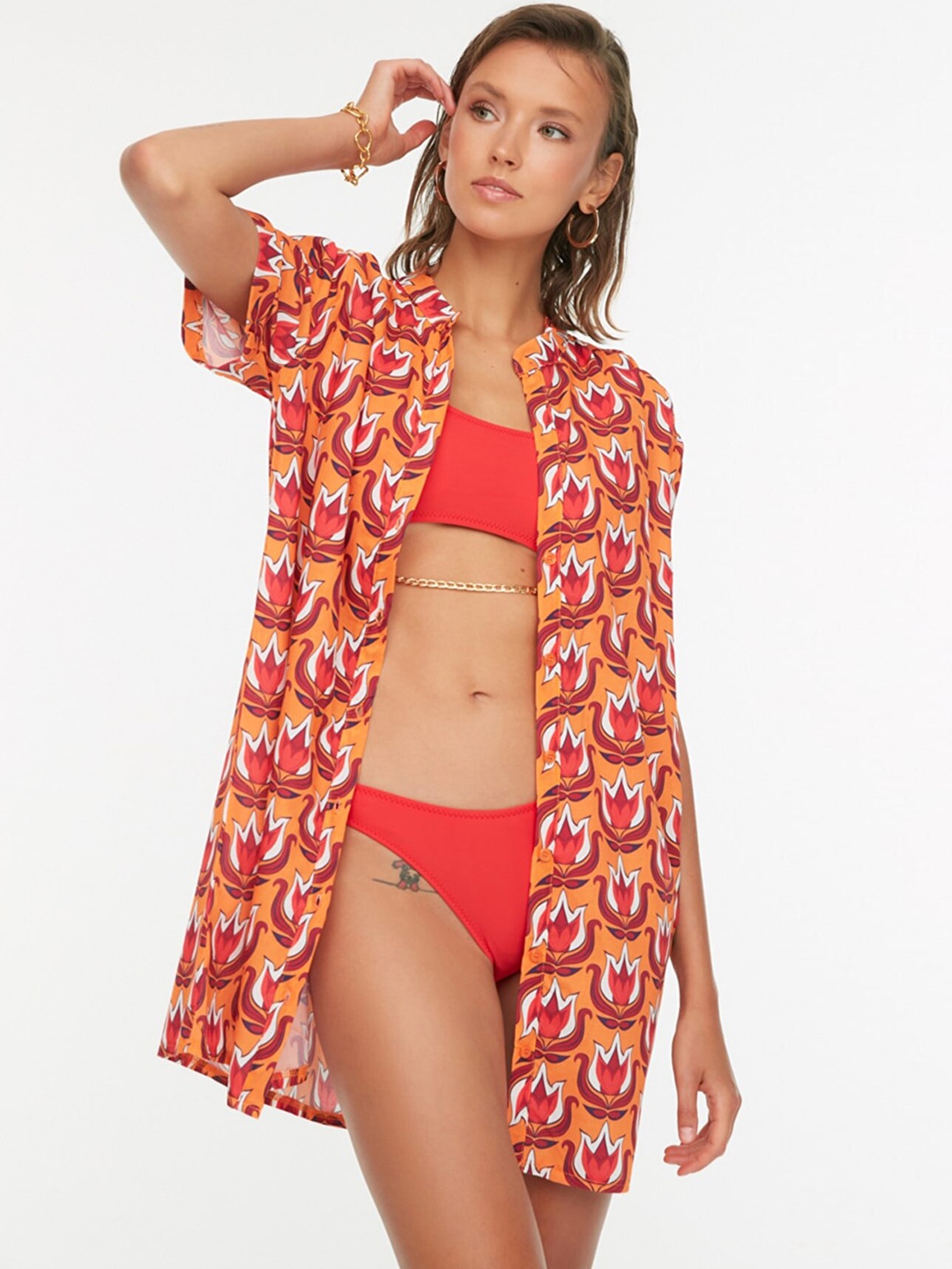 

Trendyol Women Orange & White Floral Printed Pure Cotton Longline Cover Up Shirt
