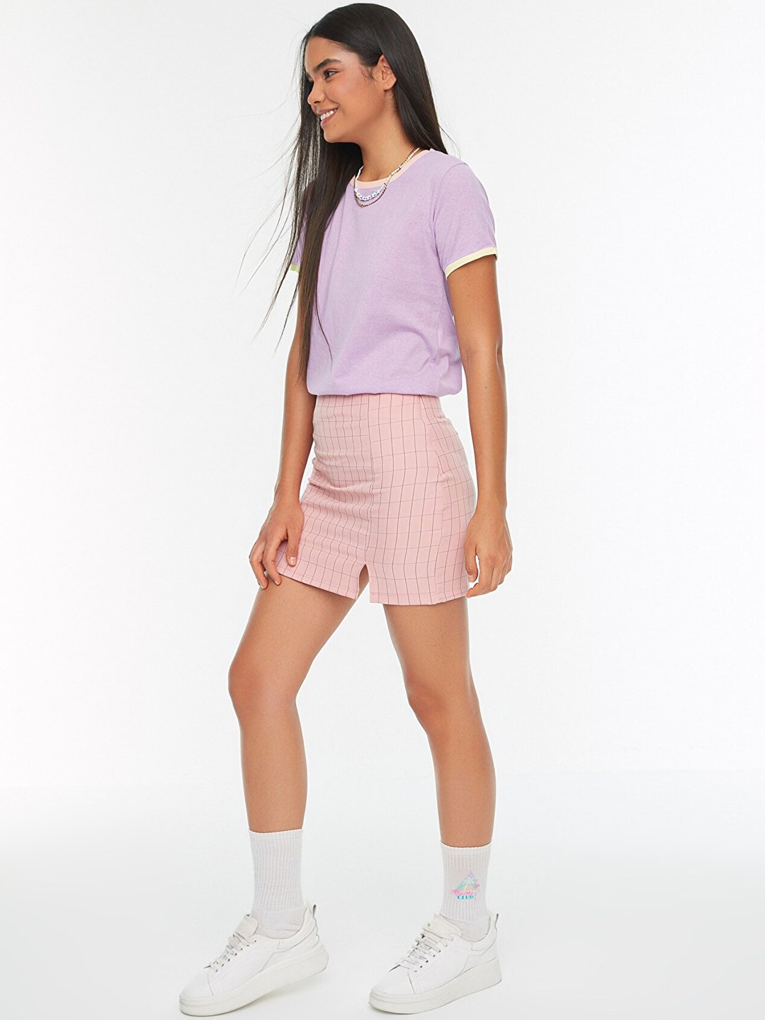 

Trendyol Women Pink Checked Mini Straight Skirt