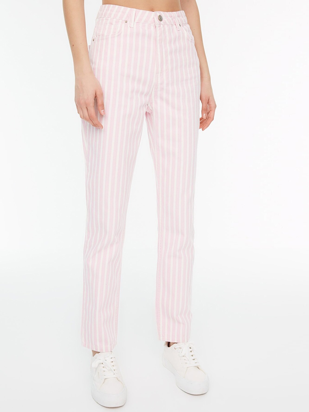 

Trendyol Women Pink & White Pure Cotton Striped Bootcut Jeans