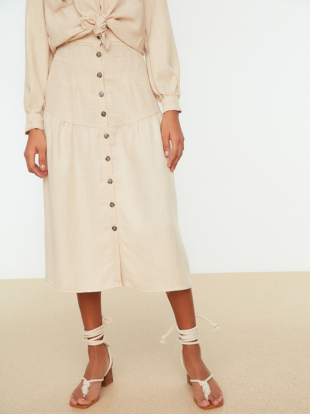 

Trendyol Women Beige Self Design A-Line Midi Skirt