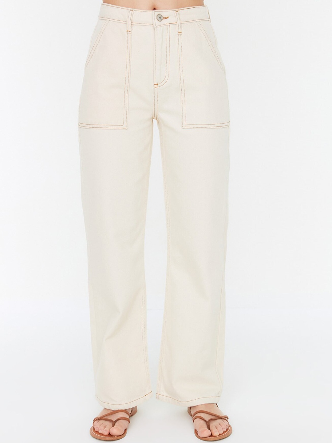 

Trendyol Women Off White Pure Cotton Solid Jeans