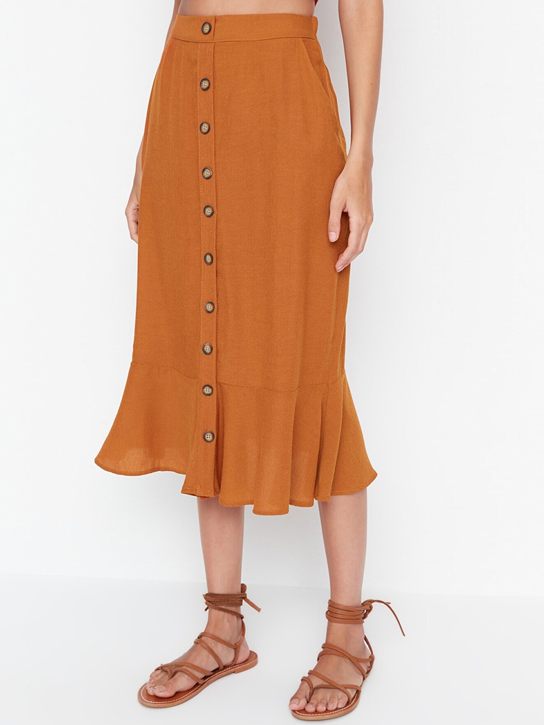 

Trendyol Women Rust Orange Solid Flounce Hem A-Line Midi Skirt