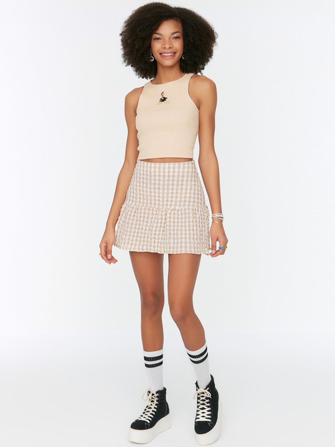 

Trendyol Women Beige & White Checked A-Line Mini Skirt