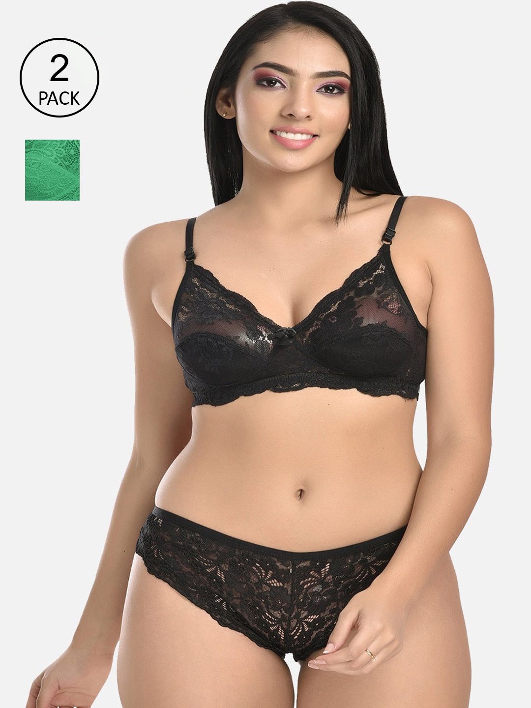 

StyFun Women Pack Of 2 Black & Green Self Designed Lingerie Set